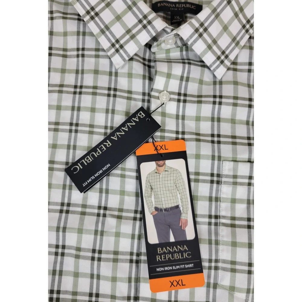 Banana Republic Mens XXL Green Plaid Non Iron Slim Fit Button‎ Up Shirt NWT